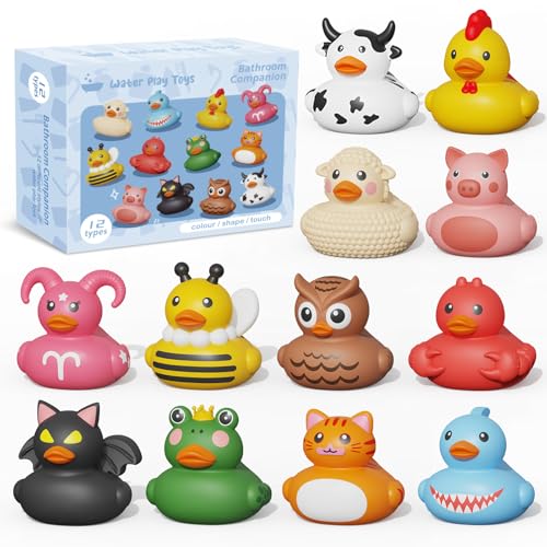 12PCS Rubber Ducks,Toddler Bath Toys,No Hole Bathtub Toys,Baby Pool Toys for 18 Months and Older