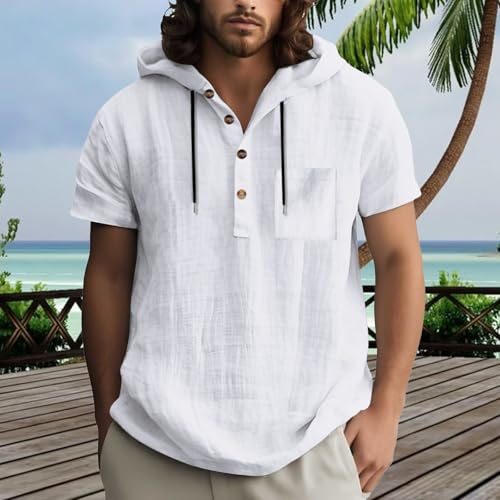 Linen Shirts for Men Lightweight Button Up Short Sleeve Shirts with Hood Loose Fit Breathable Boho Beach Linen Hoodie2