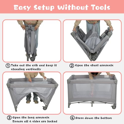 Image of 4 in 1 Pack and Play with Changing Table Diaper Organizer & Mattress, Foldable Baby Bassinet Bedside Sleeper, Portable Large Travel Crib Playpen for Newborn to Toddles (Grey)