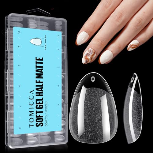 TOMICCA Short Almond Gel Nails - 504pcs Pre-Buffed No File Nail Tips, Semi-Matte Full Cover for Extensions