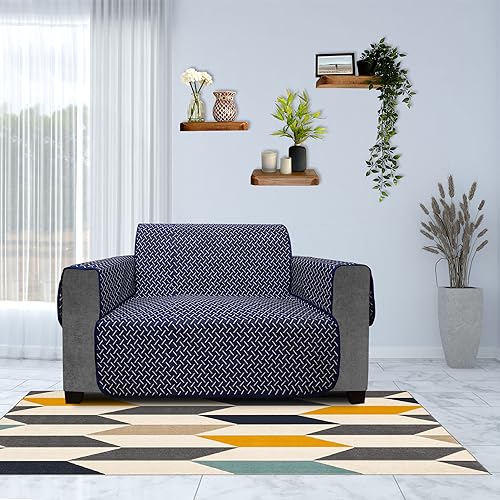 Image of DREAM KING 3 Layers 300 GSM Waterproof Reversible Sofa Cover 2 Seater with Pockets | Dust Protective Soft Fabric Sofa Seat Cover Navy Blue & Grey
