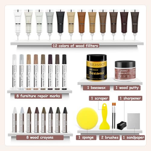 Image of SEISSO Wood Furniture Repair Kit, 12 Colors Wood Fillers, 8 Colors Touch Up Markers&Wax Sticks, Wood Putty with Beeswax, Wood Repairing Kit of Stains, Scratches, Holes, Cracks(36 PCs)