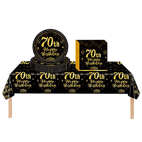 COSORO Mantel de plástico negro y dorado para 70 cumpleaños, platos de papel, servilletas, juego de vajilla, kit desechable de decoración 37P para mujeres, hombres, damas, él, ella, regalos para
