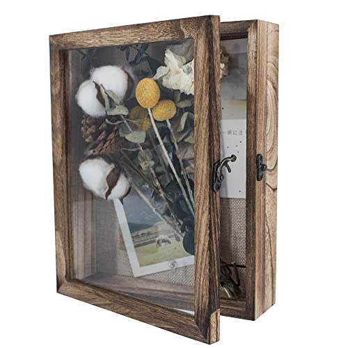 Image of GraduationMall 8x10 Shadow Box Frame Solid Wood Glass Door Display Case with Linen Back and 6 Stick Pins,1.5 inches Interior Depth,Ideal for Memorabilia Pictures Flowers Medals Tickets
