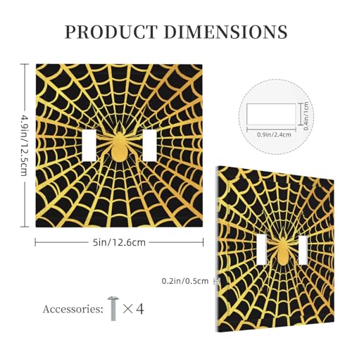 Decorative Switch Plate Covers Black Background with Golden Spiderweb Spider 2 Gang Light Switch Cover Plate Unique Double Toggle Wall Plate Outlet Covers for Bedroom Home Decor