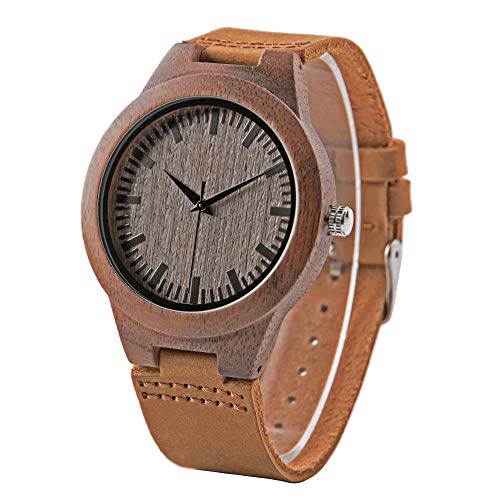 Montre à Quartz pour Homme en Bois de Noyer avec Bracelet en Cuir Marron Personnalisable