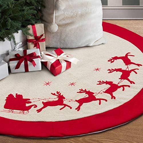 GMOEGEFT 48 Inches Burlap Christmas Tree Skirt with Red Trim Reindeer Printing Rustic Style Xmas Home Decoration Ornaments (Red Reindeers)