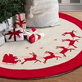 GMOEGEFT 48 Inches Burlap Christmas Tree Skirt with Red Trim Reindeer Printing Rustic Style Xmas Hom