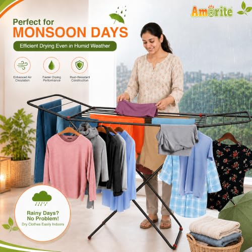 Image of Premium Steel Clothes Drying Stand | Foldable Cloth Dryer Stand, 3-Way Folding Design, Space-Saving Flat Folding Laundry Drying Rack for Indoor & Outdoor(Cross Design - 120 x 54 cm)- Black