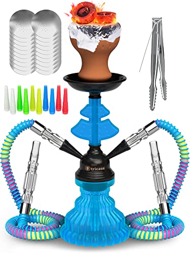 Royal Blue Hookah Set 2 Hose Hookah – Lilone 12” Blue Mini Hookah 2 Hose Hookah Set With 50X Foil Hookah Bowl 10X Tips 2X Mouthpiece 2X Hookah Hose Blue With Tongs Portable Hookah Set With Everything #TOP3