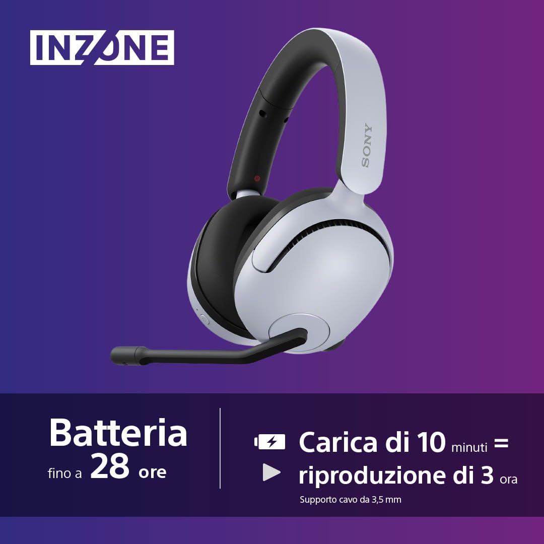 Sony INZONE H5 - Cuffie gaming wireless, Suono spaziale 360°, Batteria 28h, Microfono AI, Compatibili PC PS5, Bianco