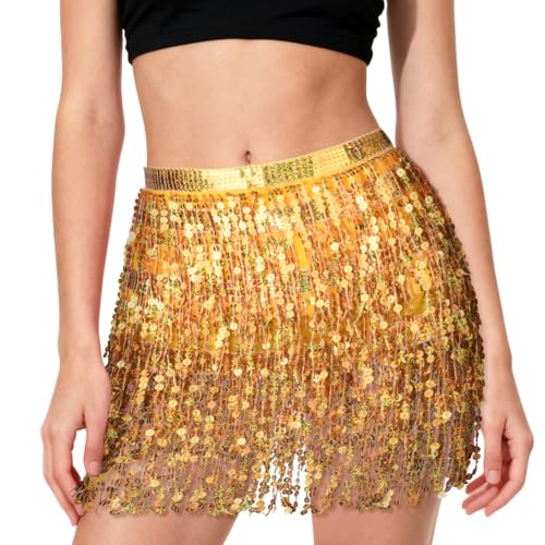 AYBUY Gonna con Paillettes Nappe, Gonna di Paillettes Wrap, Danza del Ventre con Nappe per donne e ragazze per Festival Club Rstate Spiaggia Carnevale di Halloween Mini Gonne, Oro