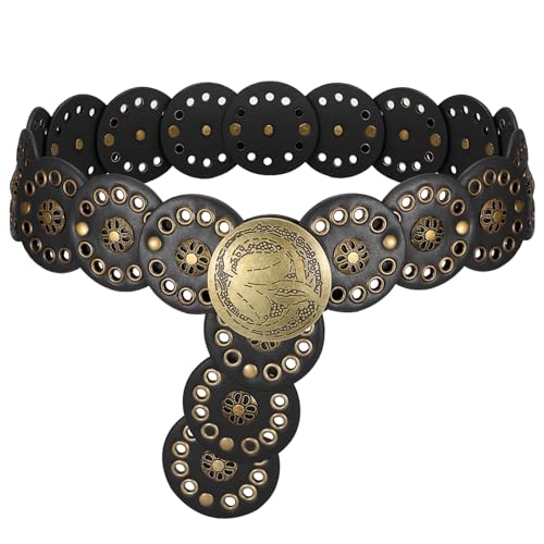 SUOSDEY Western Women Leather Belt Concho Disc Waist Belts Ladies Vintage Wide Waist Belt Boho Belt for Dress Jeans