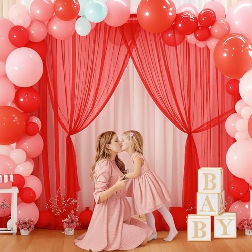 Image of 2pcs Backdrop Decoration Net Tulle Large Size, Nylon Made, Reusable, Soft, Wrinkled Free, 8 x 5 ft Each, Cabana Tent Party Decoration Items for Birthday, Anniversary (RED)