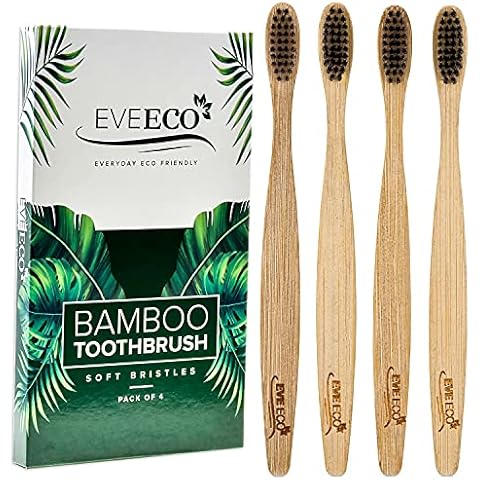 EveEco 4 Count I Bamboo Toothbrush I Soft Bristles Best for Sensitive Gums I Charcoal I Vegan I Natural Wood I BPA Fee I Recyclable I Compostable I Biodegradable | Environmentally Friendly Cover