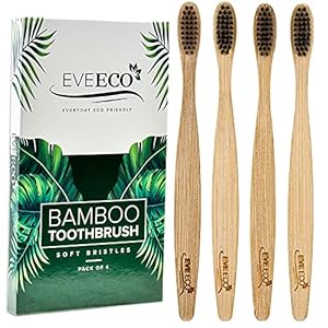 4 Count I Bamboo Toothbrush I Soft Bristles Best for Sensitive Gums I Charcoal I Vegan I Natural Wood I BPA Fee I Recyclable I Compostable I Biodegradable | Environmentally Friendly