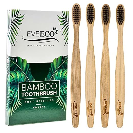 EveEco 4 Count I Bamboo Toothbrush I Soft Bristles Best for Sensitive Gums I Charcoal I Vegan I Natural Wood I BPA Fee I Recyclable I Compostable I Biodegradable | Environmentally Friendly