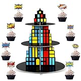3 Tier Super Themed Hero Cupcake Stand with 24 Cake Toppers City Skyscraper Birthday Party Decoration Dessert Cardboard Stand Super Themed Hero Cupcake Holder Tower for Boys Baby Shower Supplies
