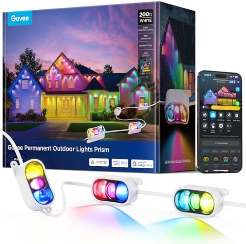 Govee Permanent Outdoor Lights Prism, 200ft with 72 Triple-Color Lighting Heads, 100+ Scene Modes, Up to 60lm for Outdoor Decor, IP68 Waterproof, Works with Alexa, Google Assistant & Matter, White