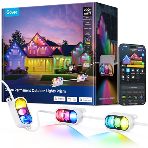 Govee Permanent Outdoor Lights Prism, 200ft with 72 Triple-Color Lighting Heads, 100+ Scene Modes, Up to 60lm for Outdoor Decor, IP68 Waterproof, Works with Alexa, Google Assistant & Matter, White