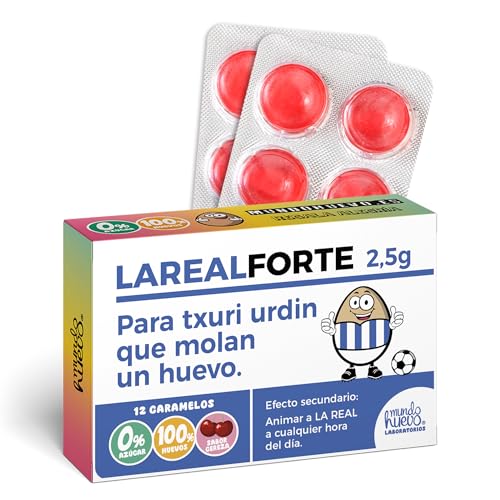 Caramelos de broma LAREALFORTE | Caja con 12 caramelos sin azúcar sabor cereza | Regalo con huevos para txuri-urdines | Detalle divertido para cumpleaños o fans de la Real Sociedad