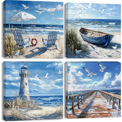 Clendo 4 Pack Beach Paint by Numbers Kit for Adults Beginners Framed - DIY Coast Adults Paint by Numbers Kits on Canvas Small Easy Acrylic Oil Painting for Home Wall Decor (8 x 8 Inch)