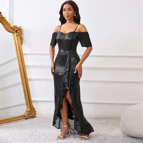 Image of dasmzper Women Sexy Off Shoulder Bodycon Ruffle Split Hem Maxi Cocktail Party Evvening Night Out Dress Black