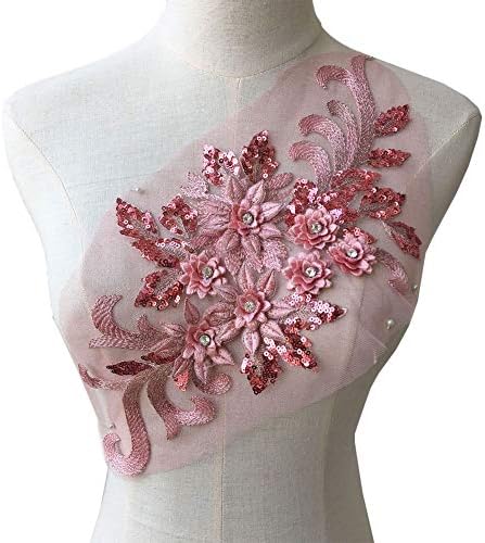Exquisite 3D Flower Applique,Crystal,Sequined,Floral Patches Lace Appliques Motif Sew on Wedding Dress Gown Charm Pink