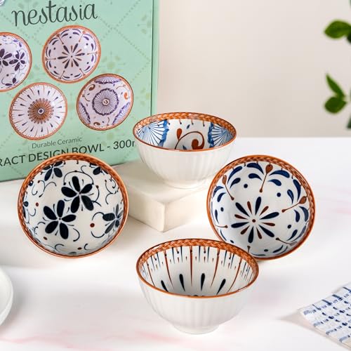 Image of Nestasia Ceramic Snack Bowl Set of 4 (300ml Each) - Dishwasher & Microwave Safe Bowl Set for Serving Soup, Rice, Dal, & Salad | Ribbed White Printed Bowls with Glossy Finish - Ideal for Gifting