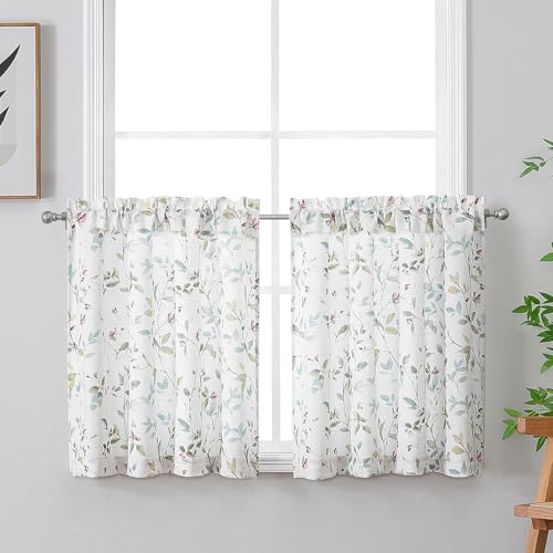 Chyhomenyc Roman Kitchen Curtains 24 Inch Length, Linen Blend Textured Small Half Window Drapes, Leaf Floral Printed Light Filtering Short Curtains for Bathroom Basement, 38Wx24L inch, 2PCS