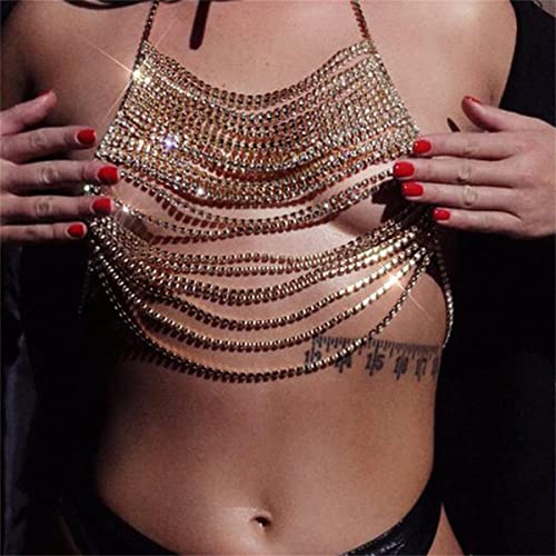 Body Chain Chest Chain Rhinestone Fringed Bra Chain Crystal Bikini Lingerie Woman Sexy Nightclub Clothing (Silver)