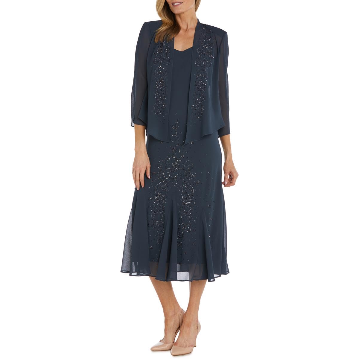 R&M RichardsWomens Chiffon Beaded Dress with Jacket