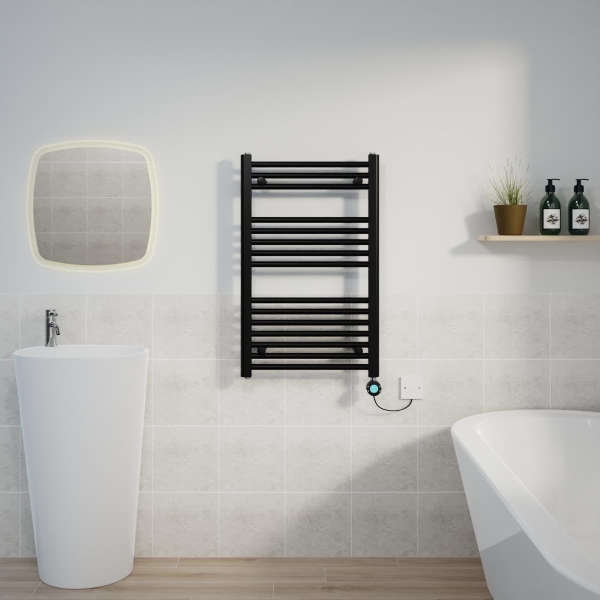 Warmehaus Black Electric Heated Towel Rail Straight Thermostatic Bathroom Towel Radiator with Timer - 800x500mm 400W