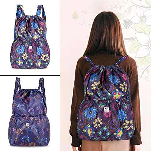 Image of NFI essentials Floral Print Drawstring Backpack for Women Foldable Sport String Bag Sackpack Nylon for Gym, College, Yoga, Shopping