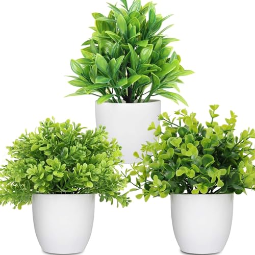 Image of Dekorly Plastic Artificial Plants Small Fake Potted Plants, Mini Eucalyptus Potted Faux Decorative Grass Plant with White Pot for Home Decor, Indoor, Office, Desk, Shelf, Table Decoration (Green-3)