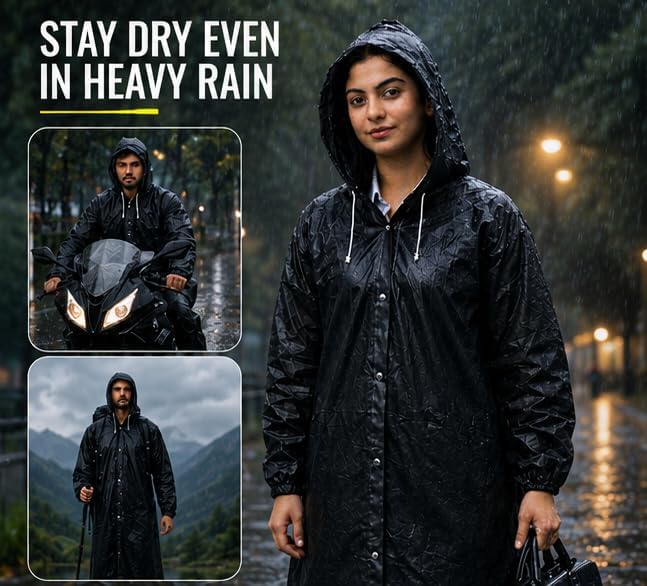 Image of EVA Raincoat for Men & Women, Black, Waterproof, Hooded with Adjustable Drawstrings, Knee Length, Reusable (Black)