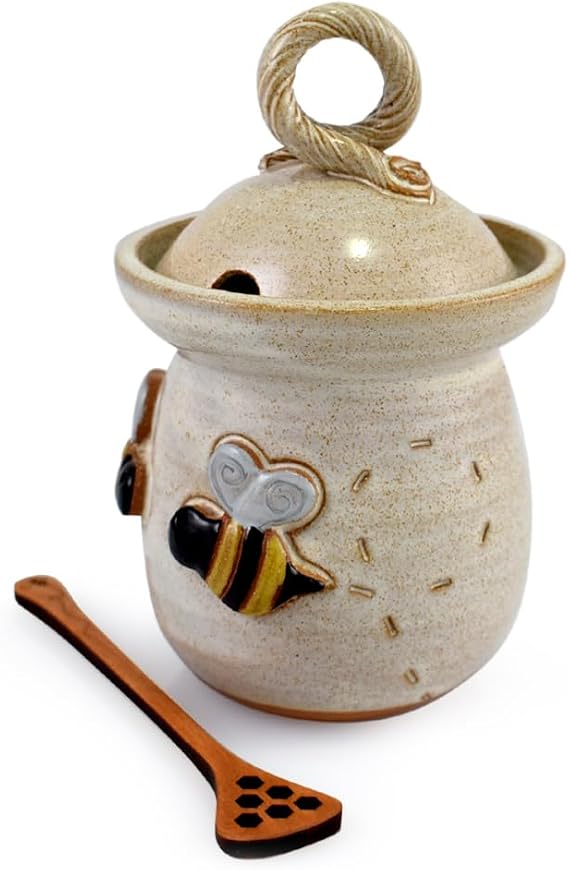 Bee 20-ounce Stoneware Honey Pot Pottery Jar with Cherry Wood Honey Stick