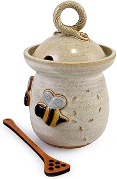 Bee 20-ounce Stoneware Honey Pot Pottery Jar with Cherry Wood Honey Stick