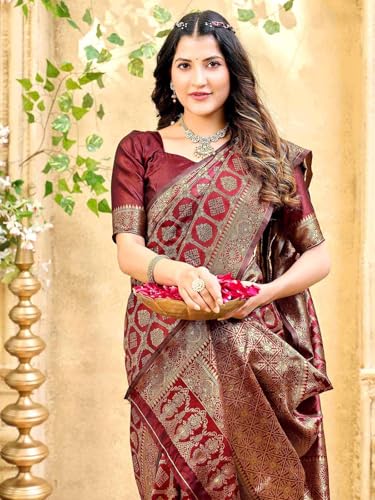 Image of Satrani Women's Silk Banarasi Weaving Saree with Unstitched Blouse Piece