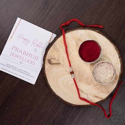 Image of Prabhuji Jewellers 925 Sterling Silver Rudraksha Rakhi | Silver Rakhi for Brother with Floral Caps & Beads | Raksha Bandhan Gift Pack with Roli Chawal & Blessings Card