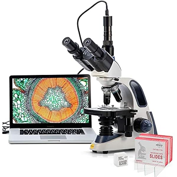 SWIFT Microscopio trinoculare SW380T, ingrandimento da 40 a 2500 volte, testa della pentola, tavolo meccanico a due strati, con fotocamera da 5,0 MP e software, e 100 vetrini vuoti