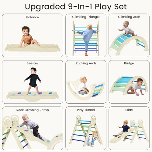 Pikler Triangle Set with Cushion, Montessori Climbing Set, Indoor Climb Toys, Indoor Playground Jungle Gyms, 9 Combinations Climbing Toy Set for Toddler, Baby, Kids 1-4