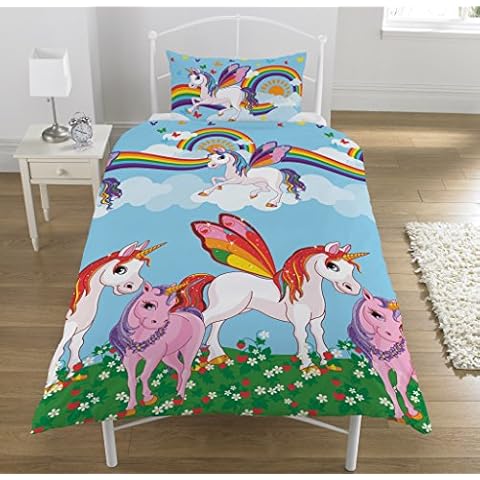 KidCollection Rainbow Unicorns Single/Double Reversible Duvet Cover Bed Set (Single Duvet Cover) Cover