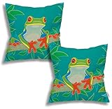 Set of 2 Funny Tree Frog Sitting on A Green Branch in A Wild Tropical Jungle Pillow Covers Cotton...