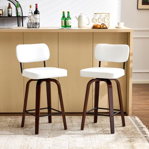 VINGLI Butaco Moderno para Bar, Giratorio 360°, Tapizado en Cuero Sintético PU, Patas de Madera Sólida, Blanco, Pack de 2 miniatura 6