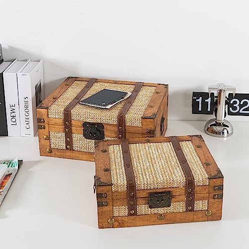 Soul & Lane Benjamin Decorative Storage Boxes With Lids - Set Of 2: Antique Travel Themed Photo Prop, Nesting Luggage Decor Wooden Box, Classic Stacking Wood Chests, Vintage Wicker Storage Trunks #TOP5