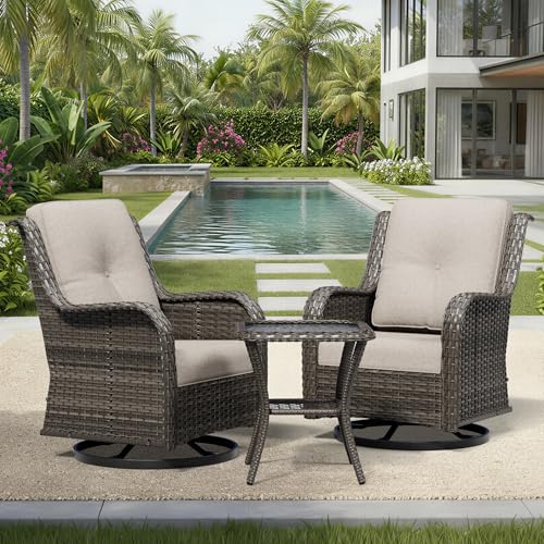 Image of Joyside 3 Piece Wicker Patio Furniture Set, Outdoor Swivel Rocker Patio Chairs with High Back, Deep Seating, Wide Armrest, Thickened Cushions, Outdoor Furniture for Deck, Porch Use