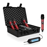 Pyle Portable UHF Band Receiver System, 4 Channel Wireless Microphone System Independent Channel Controls, RF Signal LCD Indicator, Digital Audio Microphone Set with 4 Handheld Microphones