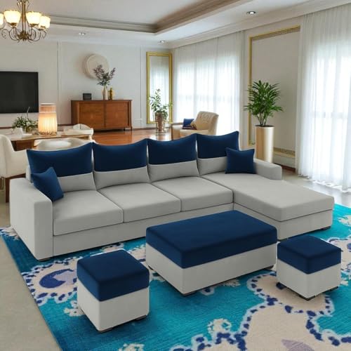 Image of FURNY Premium Huster 8 Seater Fabric RHS L Shape Sofa with 2 Ottoman + 1 Centre Table Ottoman Set for Living Room | with Velvet Fabric in Dark Blue & Light Grey