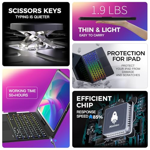 Image of NOKBABO for iPad 10th 11th (A16) Generation Case with Keyboard, iPad Air 11 inch case (M4 /M3 /M2), Keyboard for iPad Pro 11 (4th /3rd /2nd /1st) & iPad Air 5 /4, Trackpad, 360 Swivel, Backlit - Matt Black